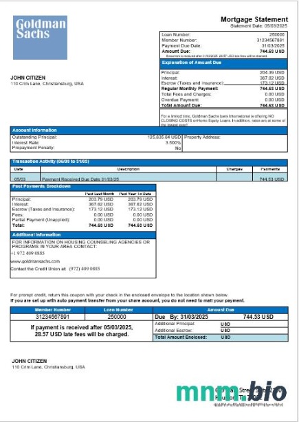 USA Goldman Sachs Bank wyciąg z kredytu hipotecznego w formatach Word i PDF